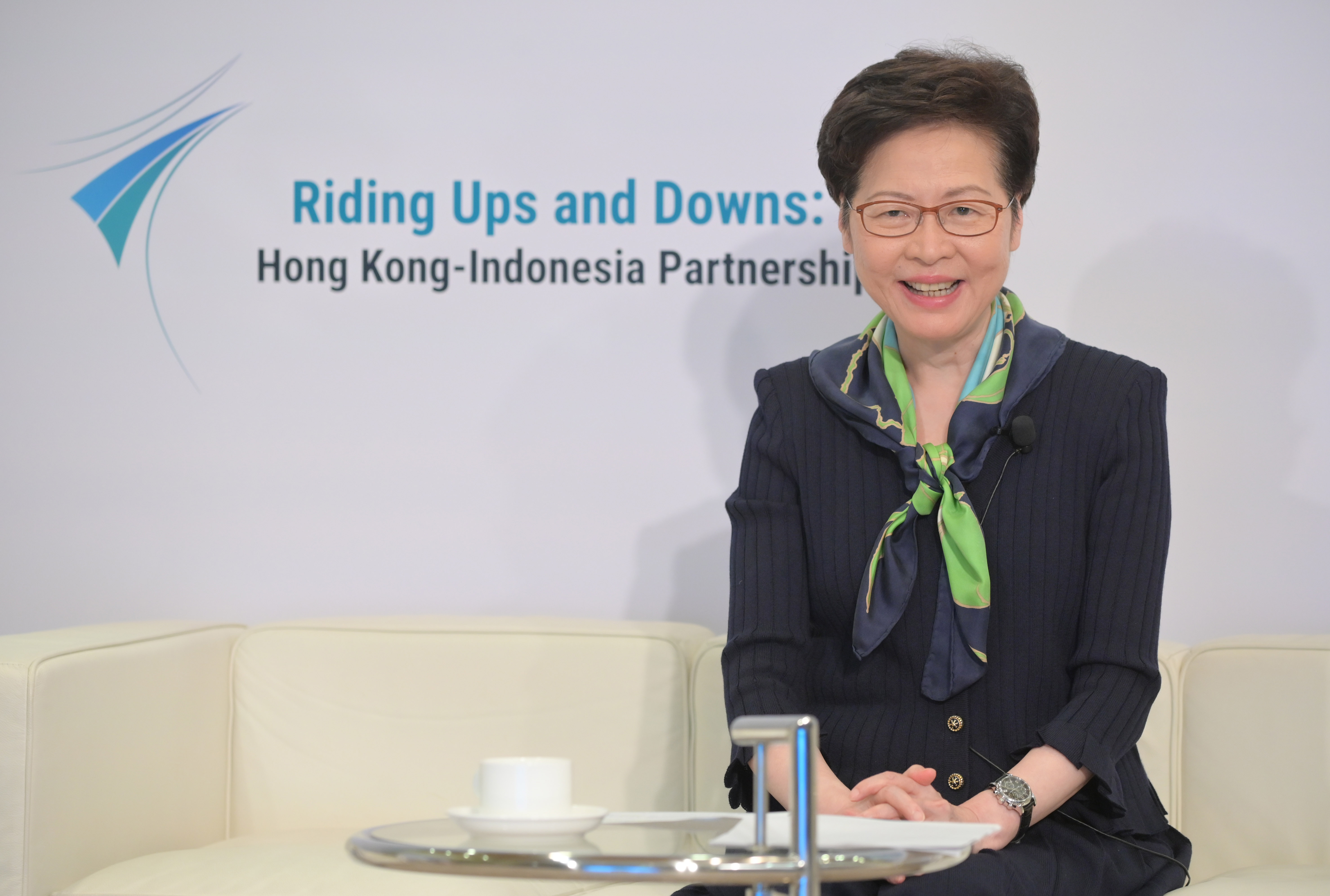 The Chief Executive, Mrs Carrie Lam, delivers a speech at Riding Ups and Downs: Hong Kong-Indonesia Partnership Webinar.