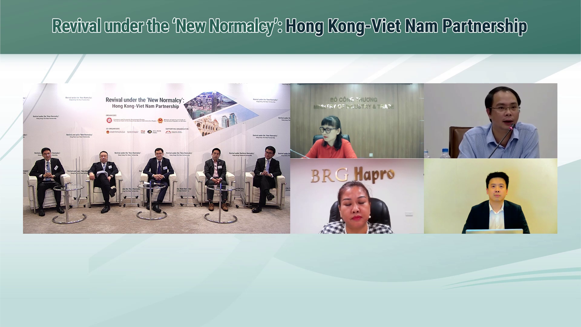 The Commerce and Economic Development Bureau and the Ministry of Industry and Trade of the Socialist Republic of Vietnam jointly held a webinar titled ″Revival under the 'New Normalcy': Hong Kong - Viet Nam Partnership″ on 20 September 2021 to explore collaboration opportunities in such fields as trade, investment, professional services as well as innovation and technology. Photo shows the Secretary for Commerce and Economic Development, Mr Edward Yau (fifth left), and the Commissioner for Belt and Road, Dr Denis Yip (first left), responding to participants' questions with panellists of the two places at the discussion session.